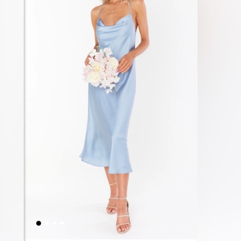 SHOW ME YOUR MUMU SATIN COWL NECK MIDI DRESS in steel blue luxe satin